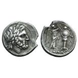 Anonymous, Rome, after 211 BC. AR Victoriatus (15mm, 2.48g, 11h). Laureate head of Jupiter r. R/