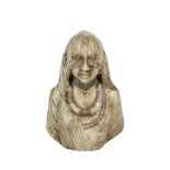 A CARVED ALABASTER BUST OF A VEILED WOMAN, embellished with neck jewellery. 44cm high