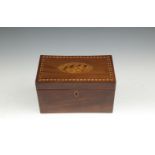A SMALL LATE 18TH CENTURY INLAID MAHOGANY BOX, the hinged lid with centre oval holly and satinwood