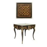 A VICTORIAN STYLE LOUIS XIV EBONY AND FAUX BOULLE SQUARE TOP GAMES TABLE, the top with inlaid