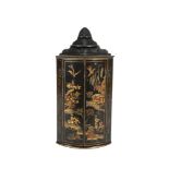 A GEORGE III LACQUERED HANGING CORNER CABINET, decorated with chinoiseries against an ebonised