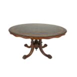 A VICTORIAN WALNUT AND MARQUETRY INLAID OVAL BREAKFAST TABLE, c.1870, the moulded quarter veneered