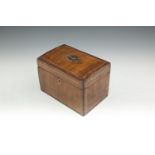 A LATE 18TH CENTURY INLAID MAHOGANY RECTANGULAR BOX, the slightly arched hinged lid with brass knob,