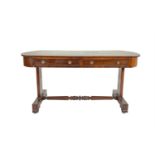 A GEORGE IV INLAID ROSEWOOD SHAPED RECTANGULAR LIBRARY TABLE, the top cross banded with walnut above