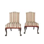 A PAIR OF GEORGIAN STYLE IRISH MAHOGANY SIDE CHAIRS, each upholstered in striped damask and raised