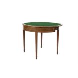 A 19TH CENTURY INLAID MAHOGANY HALF CIRCULAR FOLDING TOP CARD TABLE, with boxwood stringing and