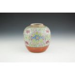 A CHINESE TURQUOISE GROUND GINGER JAR, of ovoid form, brightly enamelled with shou medallions