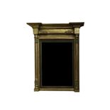 AN EARLY 19TH CENTURY GILTWOOD UPRIGHT RECTANGULAR WALL MIRROR, with moulded cornice above engaged