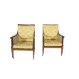 A PAIR OF GEORGE IV INLAID SATINWOOD RECTANGULAR FRAMED BERGERE ARMCHAIRS, fitted with two loose