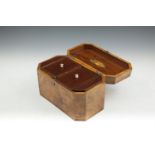 A REGENCY INLAID MAHOGANY OCTAGONAL TEA CADDY, the hinged lid decorated inside and out with an