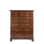 A 19TH CENTURY MAHOGANY LARGE CHEST ON CHEST, with moulded cornice above four short and three long