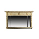 A 19TH CENTURY GILTWOOD RECTANGULAR COMPARTMENTED OVERMANTLE MIRROR, the cornice with ball banding