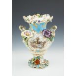 A VICTORIAN TWO HANDLED VASE, the turquoise blue ground encrusted with gilt and porcelain foliate