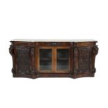 A VICTORIAN ROSEWOOD AND MARBLE TOPPED BREAKFRONT SIDE CABINET, mid 19th century, of shaped