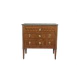 A FRENCH LATE 19TH CENTURY MAHOGANY MARQUETRY RECTANGULAR CHEST OF THREE LONG DRAWERS, with grey
