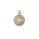 A CONTINENTAL 18 CARAT GOLD HALF HUNTER POCKET WATCH, with engraved and enamel cover, enclosing a