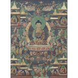 A TIBETAN THANKA PAINTING, 20th century, painted with a seated Buddah, surrounded by figures and