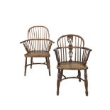 AN ELM WINDSOR ARMCHAIR with central splat and spindle back and another Windsor chair with spindle