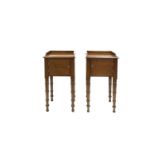 A PAIR OF MAHOGANY BEDSIDE NIGHT TABLES, BASICALLY 19TH CENTURY, each with square moulded top with