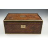 A VICTORIAN BRASS BOUND INLAID WALNUT RECTANGULAR LAP-DESK, the lid opeing to reveal a tooled