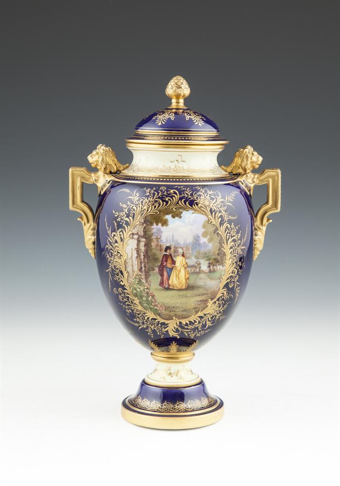 A COALPORT TWO HANDLED URN AND COVER, painted by Keeling, decorated with a romantic scene