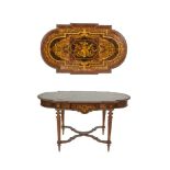 A VICTORIAN RECTANGULAR ROSEWOOD AND MARQUETRY INLAID CENTRE TABLE, with fitted frieze drawer and