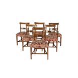 A SET OF SIX EDWARDIAN SHERATON STYLE MAHOGANY DINING CHAIRS, each with inlaid top rail above a
