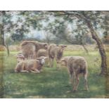 PETER J. NEUMANS (VICTORIAN SCHOOL)Sheep Grazing in an OrchardOil on panel, 13.5 x 16.5cmSigned