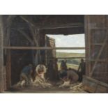 ROBERT HUGH BUXTON (b.1871)Figures Shearing Sheep in a Barn InteriorOil on canvas, 52 x 70cmSigned