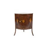 A 19TH CENTURY INLAID MAHOGANY DWARF CORNER CUPBOARD, the top with satinwood cross banding and
