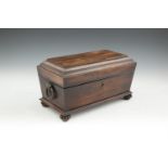 A REGENCY ROSEWOOD SARCOPHAGUS TEA CADDY, the flat domed hinged lid enclosing a zinc lined interior,