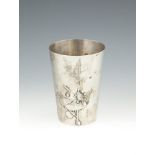 A GERMAN SILVER BEAKER, 800 standard, of tapering form, decorated with a frog on a lilypad