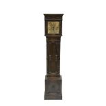 AN OAK CASED COMPACT GRANDMOTHER CLOCK, early 20th century, the squared hood enclosing an engraved