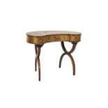 A 19TH CENTURY INLAID WALNUT KIDNEY SHAPED WRITING TABLE, the top with inset pale red leather
