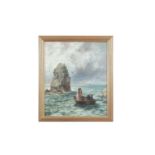 19TH CENTURY SCHOOLBoy and girl in a rowing boat off a rocky coastOil on canvas, 61 x