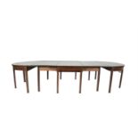 A GEORGE III D-END MAHOGANY ECONOMY DINING TABLE, raised on square tapering legs. 340 x 142cm