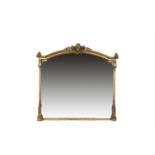 A VICTORIAN GILT AND GESSO RECTANGULAR OVERMANTLE MIRROR, the domed top with figural and floral