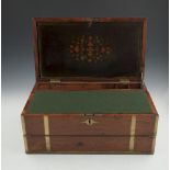 A LARGE MID VICTORIAN BRASS BOUND YEW WOOD CAMPAIGN TRAVELLING SECRETAIRE BOX, the lid opening to