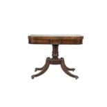 A GEORGE IV ROSEWOOD RECTANGULAR FOLDING TOP CARD TABLE, the plain top above a central tablet and