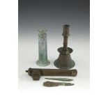 A COLLECTION OF ISLAMIC ITEMS, including a silver inlaid pen box, 19th century, 24cm long; an