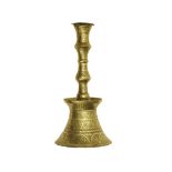 A TURKISH MAMALUQ REVIVAL BRASS CANDLESTICK, 18th Century, with flared rim, knopped stem and domed