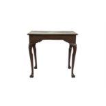 A GEORGE III MAHOGANY RECTANGULAR SIDE TABLE with plain top raised on a base with shell capped
