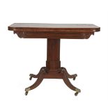 A GEORGE IV MAHOGANY FOLDING TOP CARD TABLE, c.1825, the rectangular top with rounded fore corners