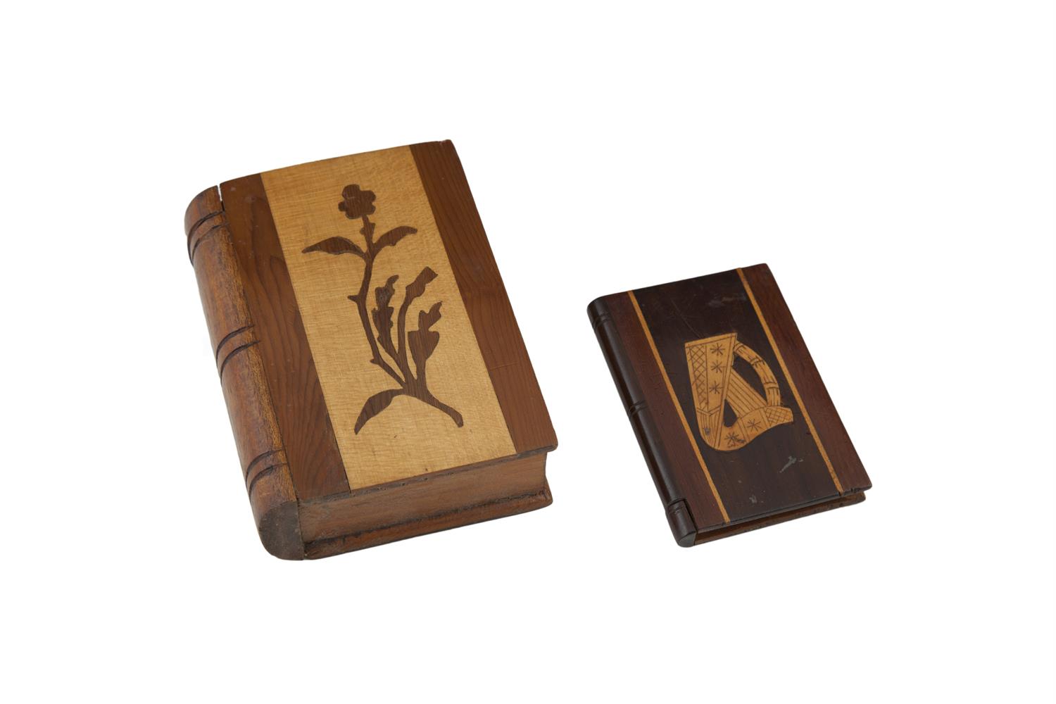 AN IRISH KILLARNEY ARBUTUS AND MARQUETRY INLAID BOX, modelled in the form of a book, with slide