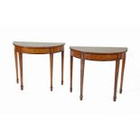 A PAIR OF SHERATON INLAID AND PAINTED MAHOGANY HALF MOON TABLES, the tops painted with oval