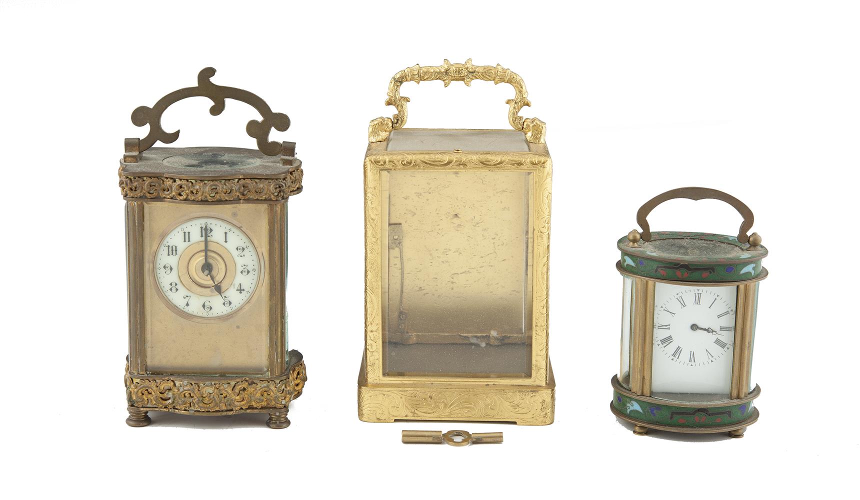 ***PLEASE NOTE THIS LOT ALSO INCLUDES A SMALL CLOISIONNE ENAMEL CLOCK***A BRASS CARRIAGE CLOCK,