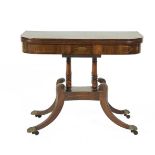 A REGENCY BRASS INLAID ROSEWOOD CARD TABLE, of shaped rectangular form, with baise lined interior,