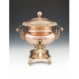 A 19TH CENTURY COPPER TWO HANDLED TEA URN, of classical form, the detachable cover with globular
