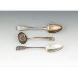 TWO GEORGE III SILVER FIDDLE PATTERN TABLESPOONS, London 1798 & 1800, marks of Eley & Fern and T.