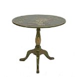 A JAPANNED CIRCULAR TILT TOP TEA TABLE, the green ground decorated with garden landscapes, raised on